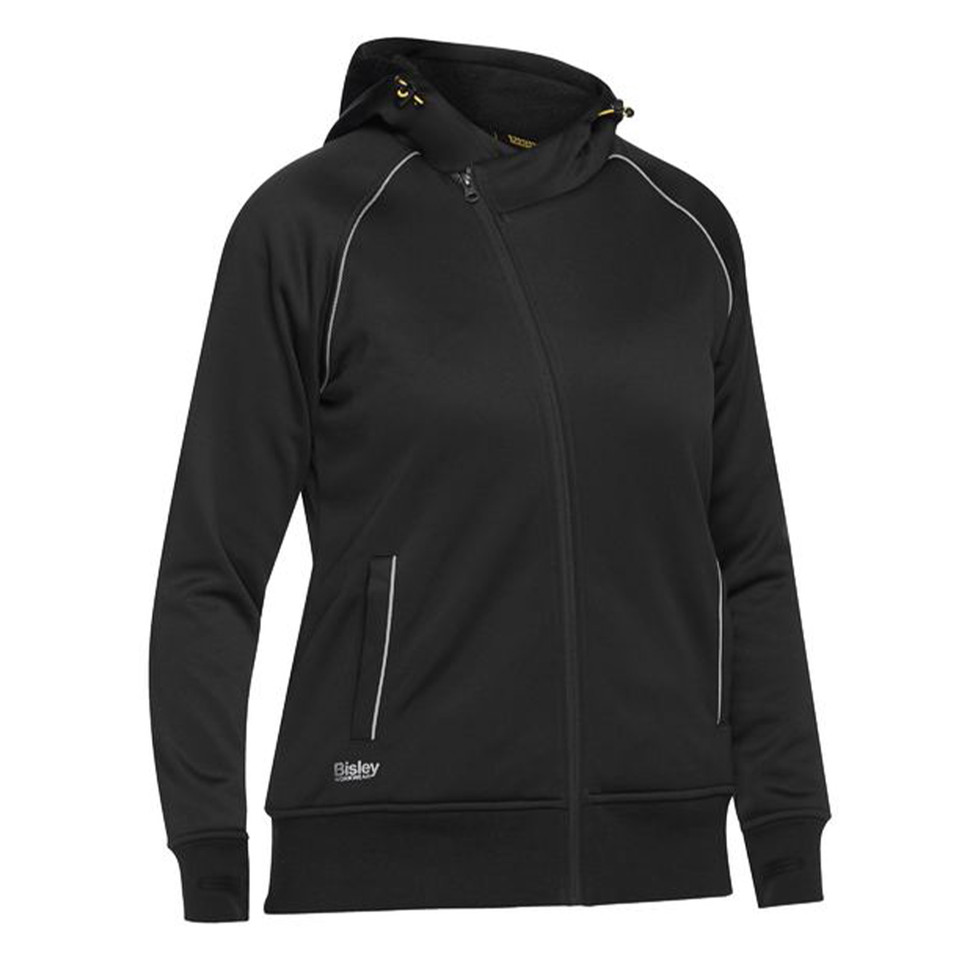 Black fleece hoodie with full-length zip, contrast white piping detail, and front pockets