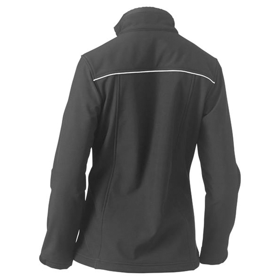 Charcoal women's soft shell jacket rear view with white contrast piping across upper back panels