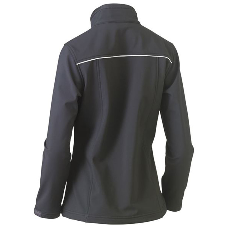Back view of charcoal grey women's soft shell jacket with white piping detail across shoulders