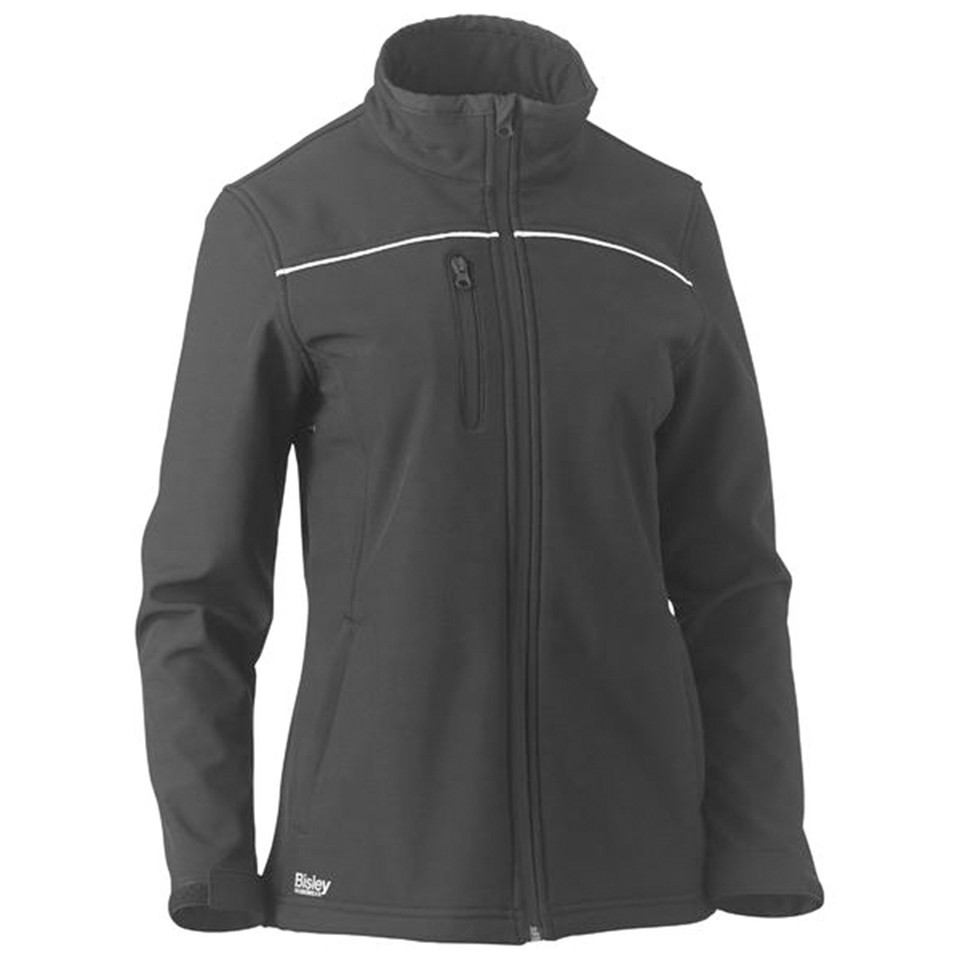 Charcoal women's soft shell jacket with stand collar, full zip, chest zip pocket and white contrast piping detail