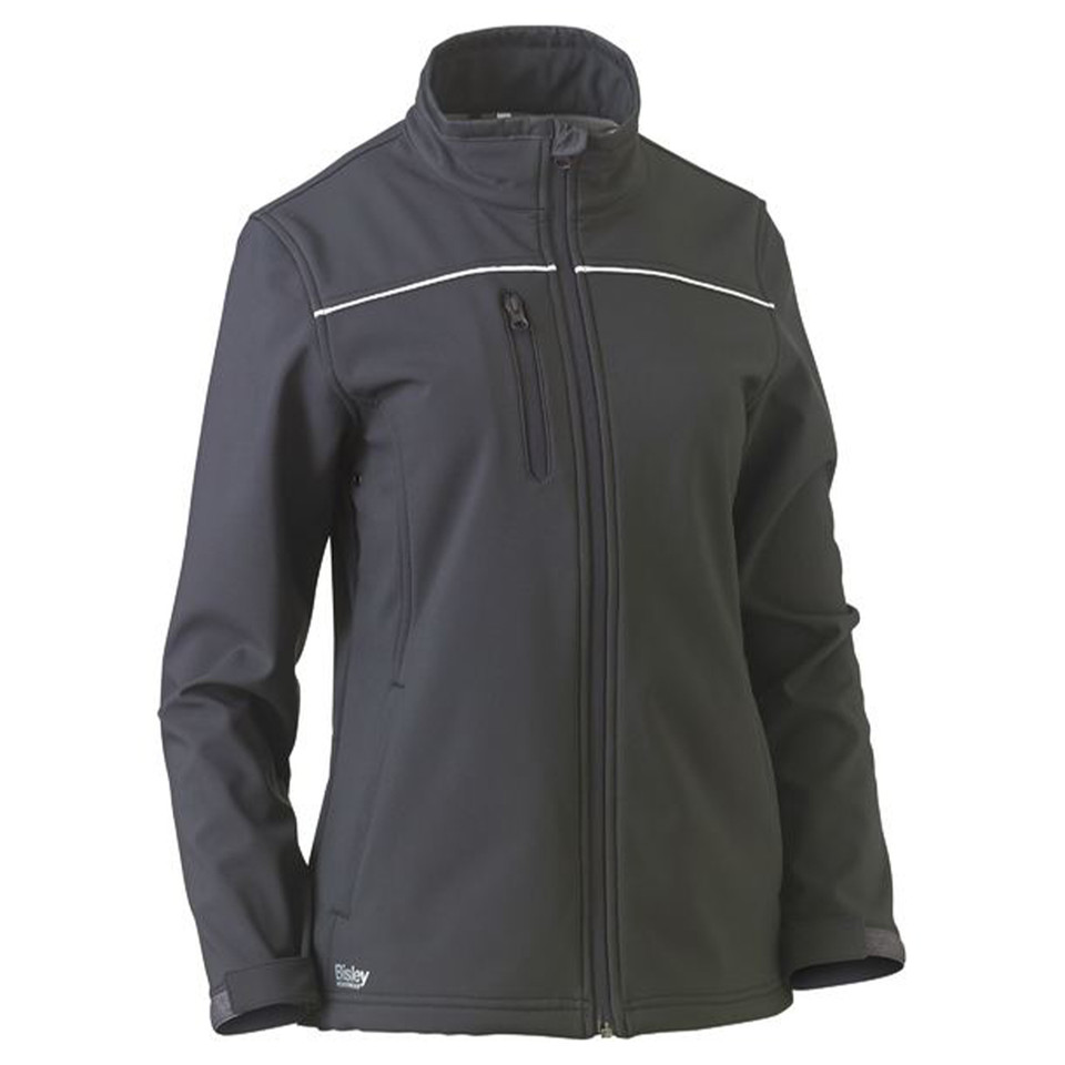 Charcoal grey women's soft shell jacket with white piping detail across shoulders and chest zip pocket