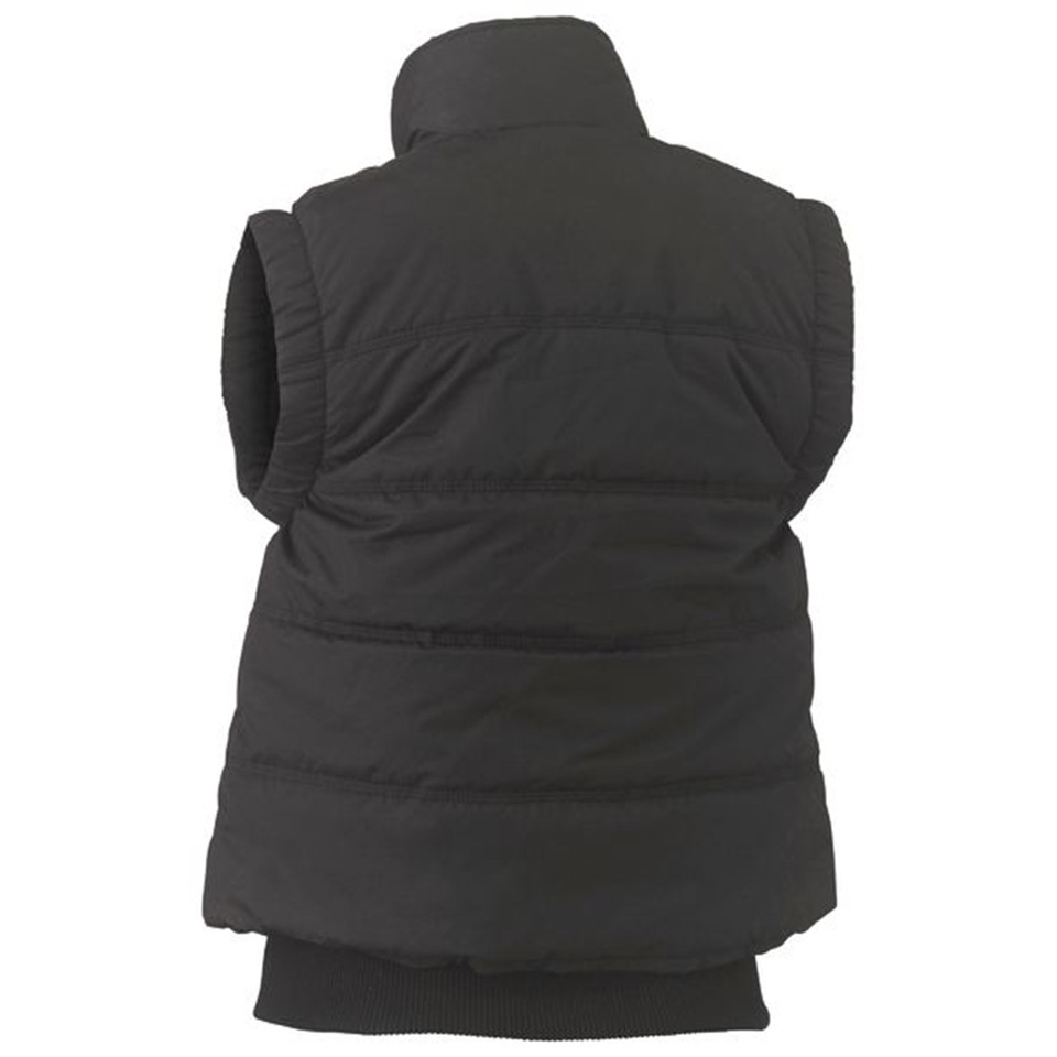 Black quilted puffer vest back view with high collar and horizontal channel stitching