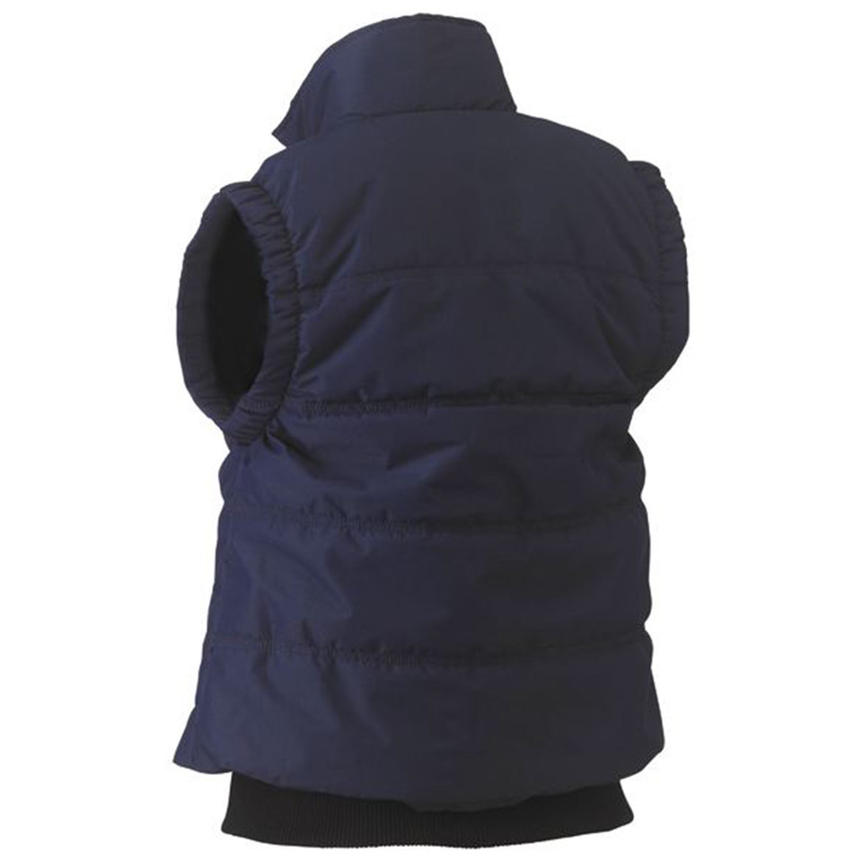 Navy puffer vest with high collar and quilted panels shown from back view
