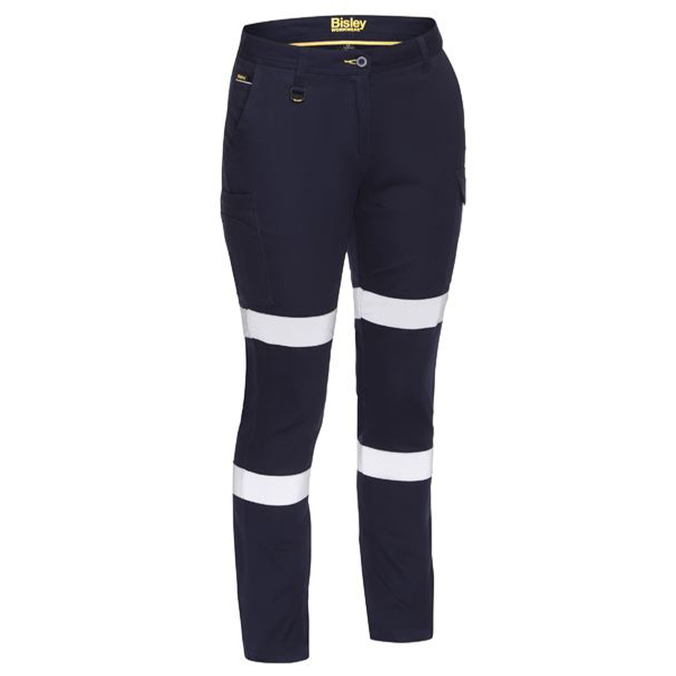 Navy work cargo pants with dual white reflective tape bands on legs and multiple pockets