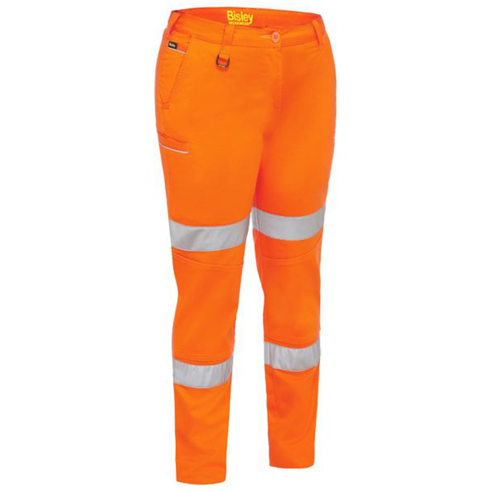Hi-vis orange women's work pants with reflective silver tape at knees and thighs, cargo pocket detail
