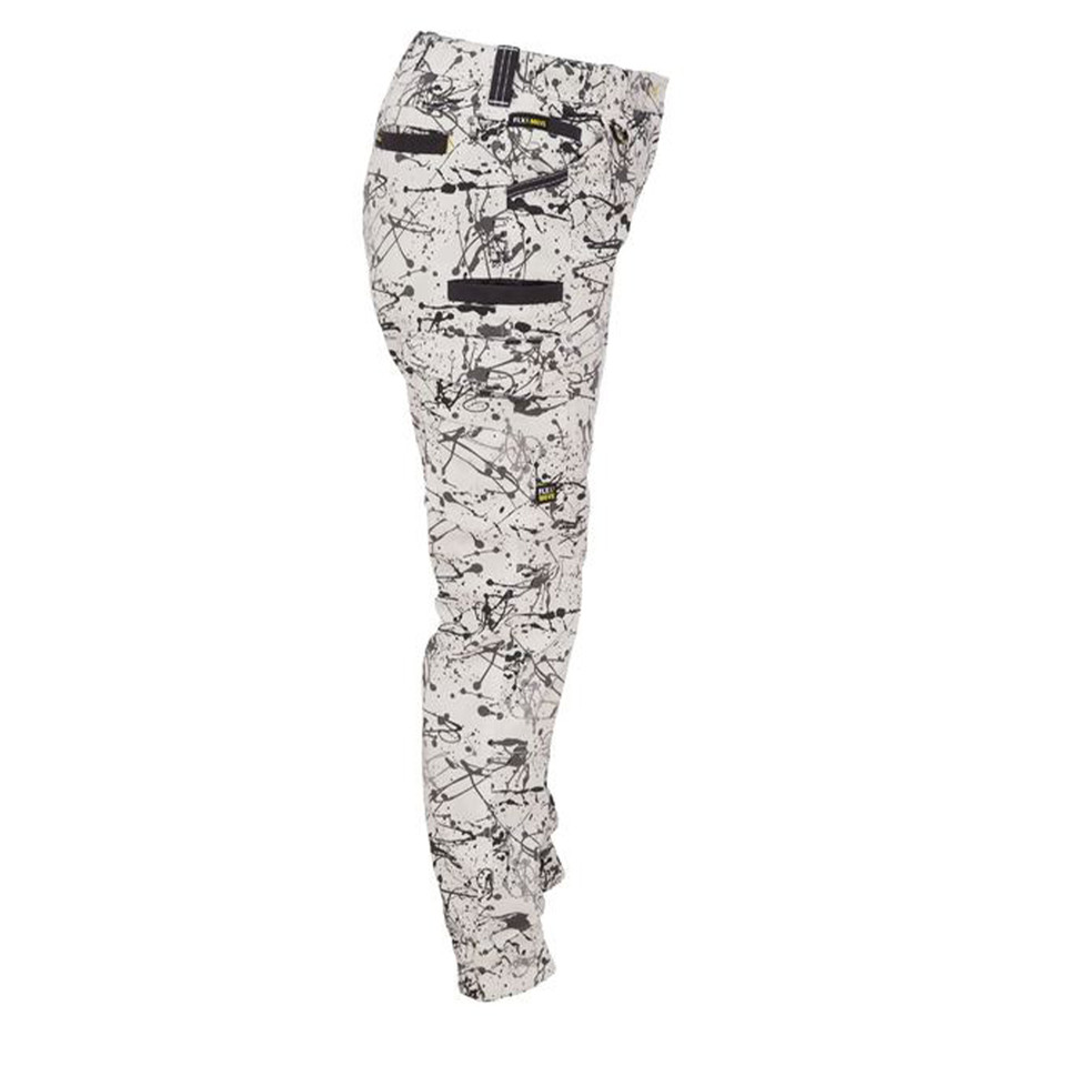 White and black splatter camo cargo pants with multiple pockets and contrast branded tape details on side view