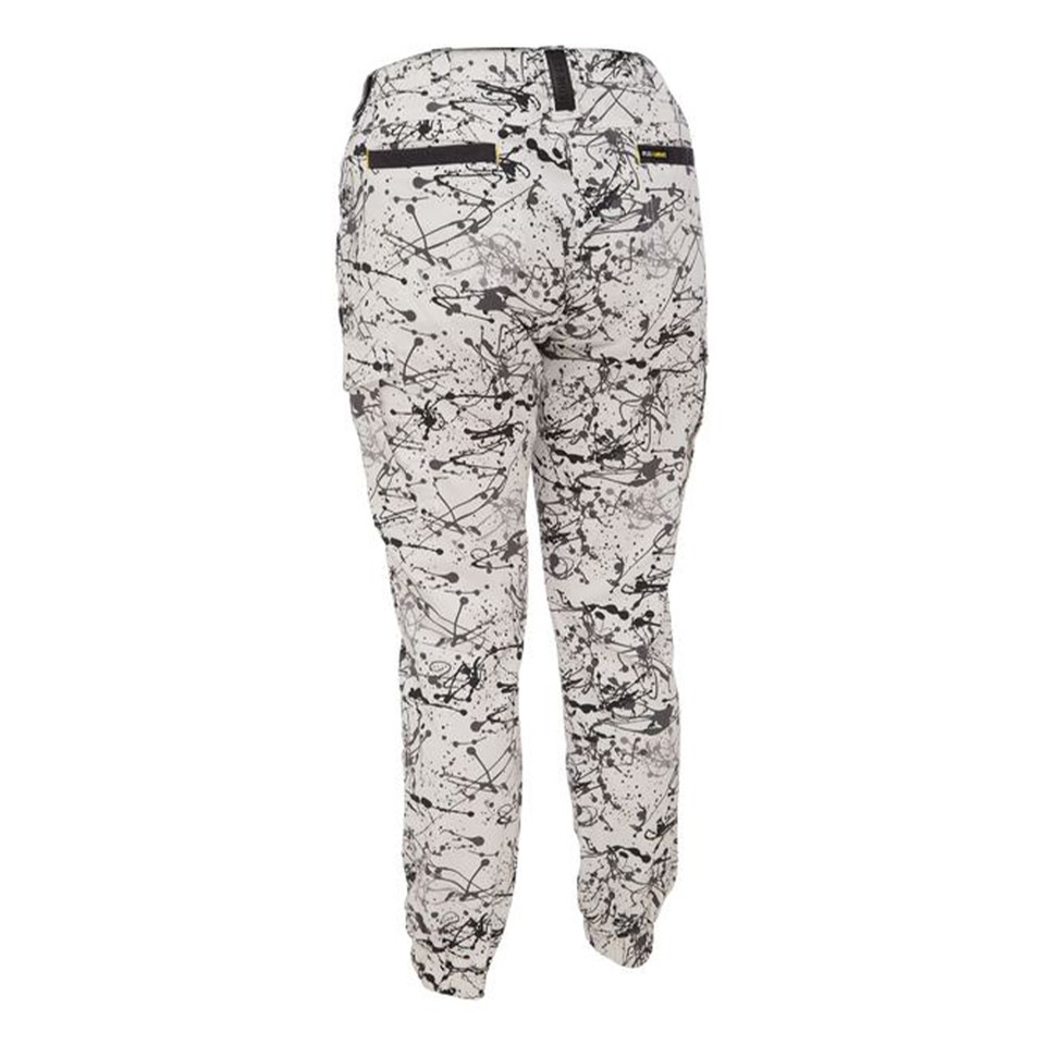 Women's cargo pants in white and black marble camo print with stretch fabric and rear pockets