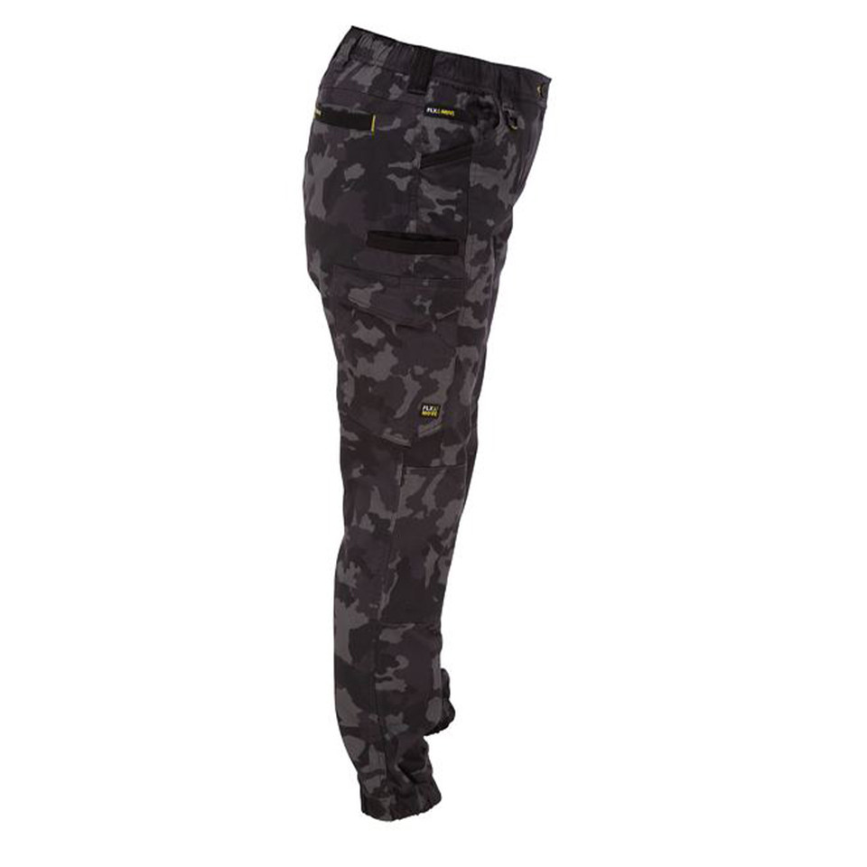 Black and grey camouflage stretch cargo pants with multiple side pockets and elasticated ankle cuffs shown in side view