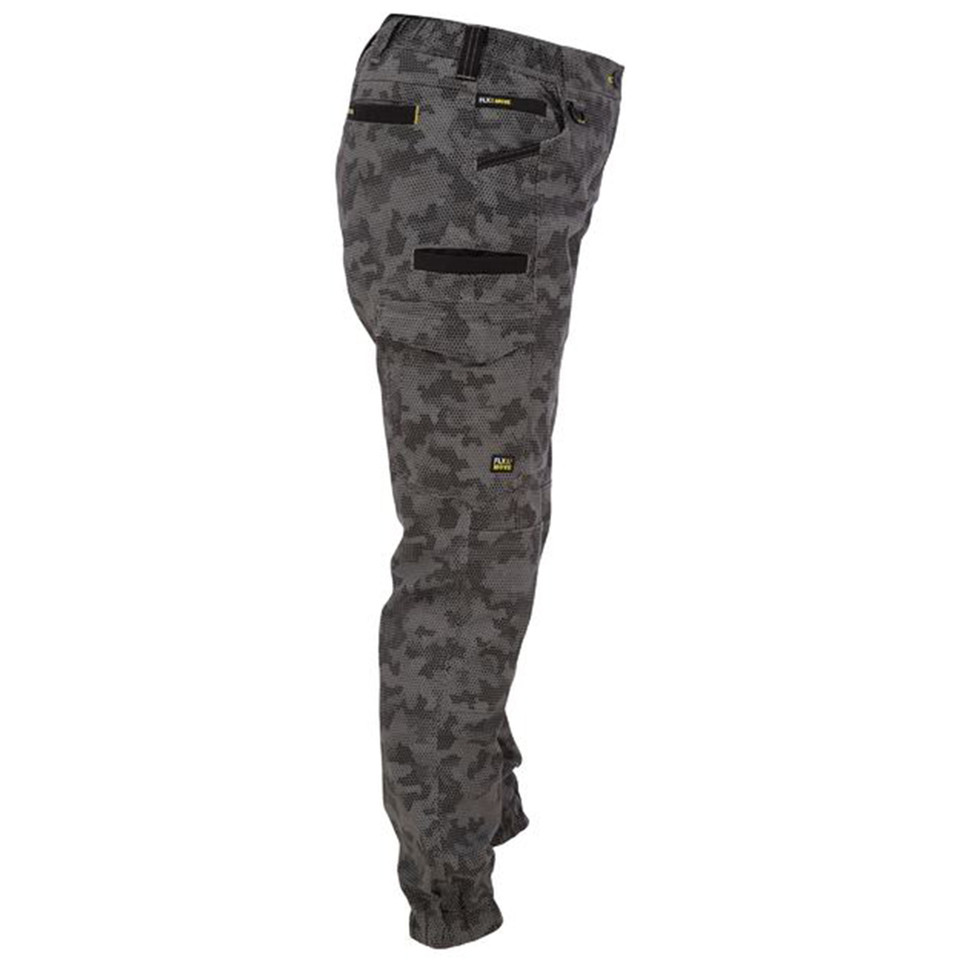 Charcoal grey camouflage cargo pants with multiple utility pockets and elasticated ankle cuffs shown in side profile