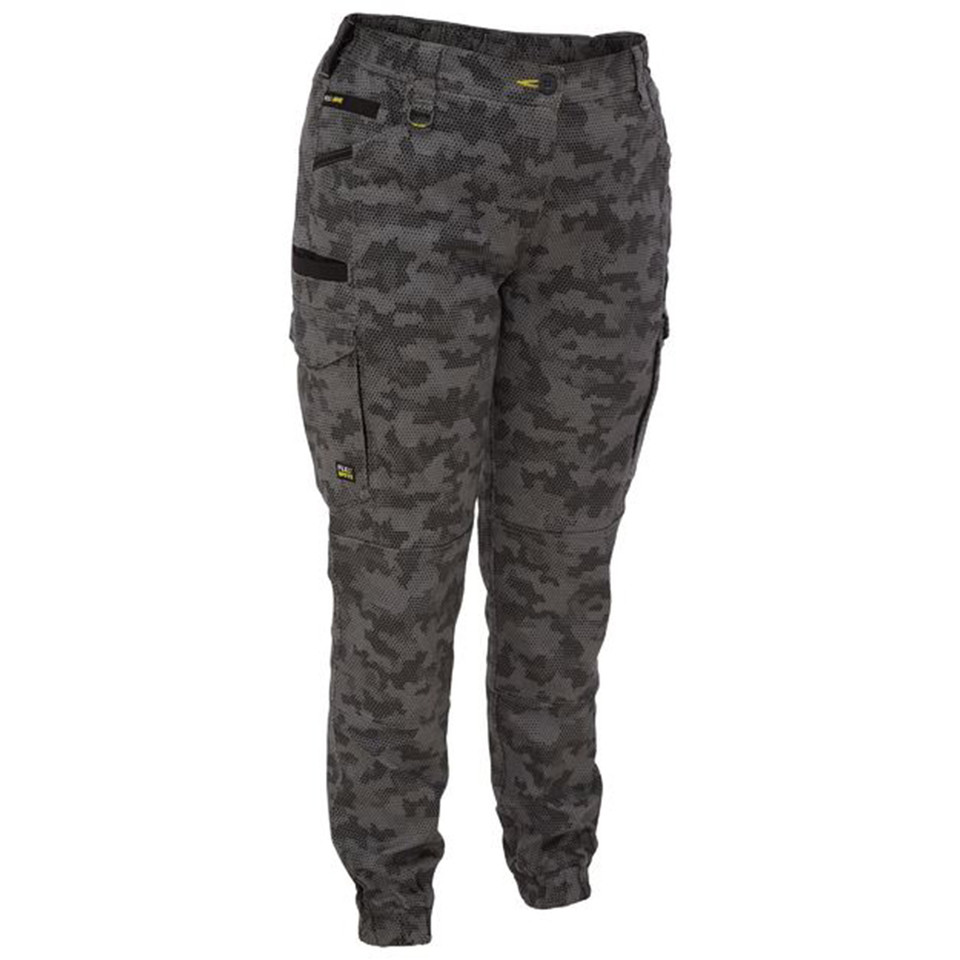 Grey camouflage cargo pants with multiple pockets, elastic cuffs, and stretch fabric construction for women