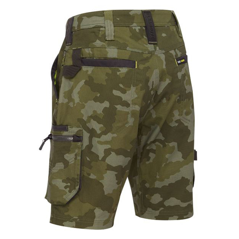 Olive green camouflage cargo shorts with multiple pockets and black contrast trim details