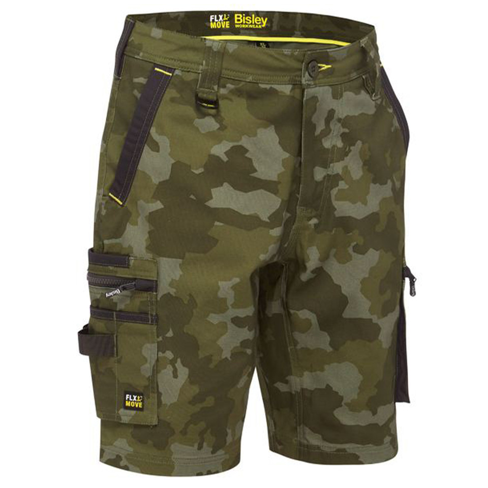Bisley Mens Flex & Move Stretch Canvas Camo Cargo Short - Green