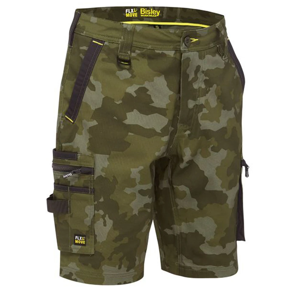 Olive green camouflage cargo shorts with multiple leg pockets and black contrast trim details