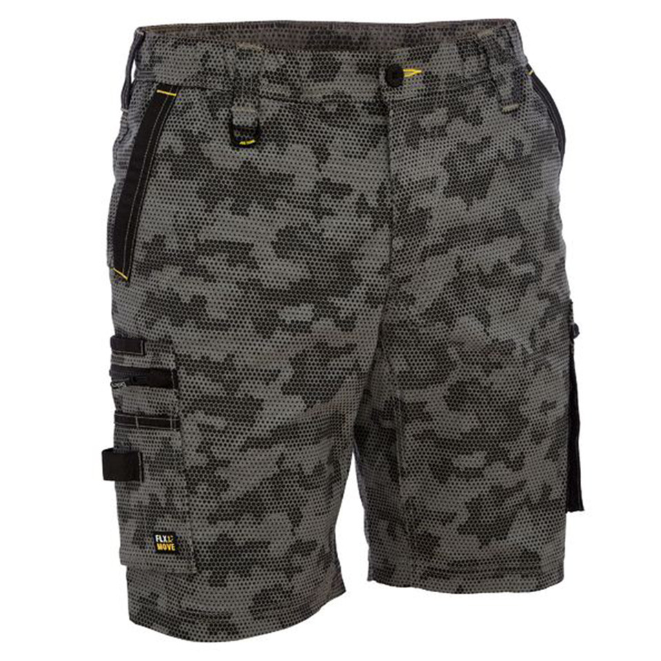 Charcoal grey digital camo cargo shorts with multiple black utility pockets and stretch canvas fabric