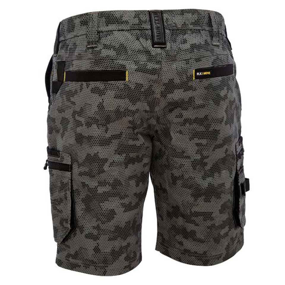 Charcoal grey camouflage cargo shorts with multiple utility pockets and stretch canvas fabric