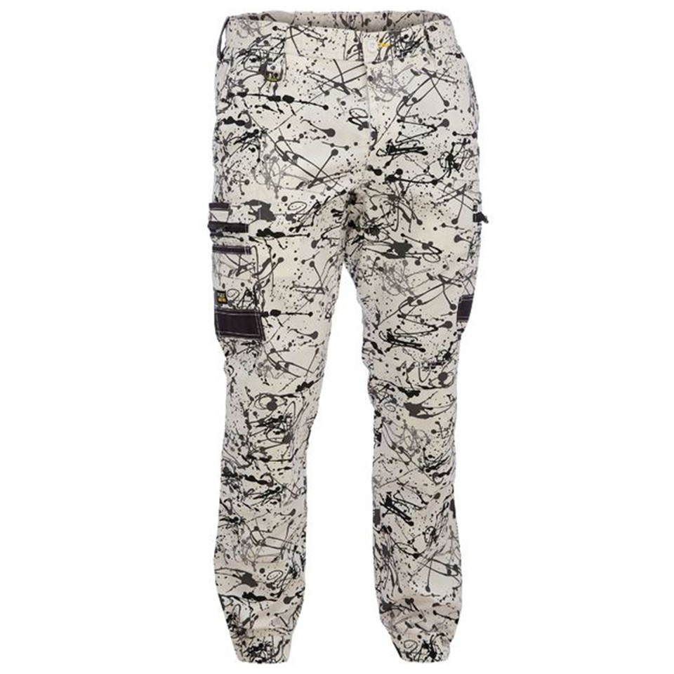 Cargo pants in stone and black abstract camo print with multiple cargo pockets and elasticated cuffs