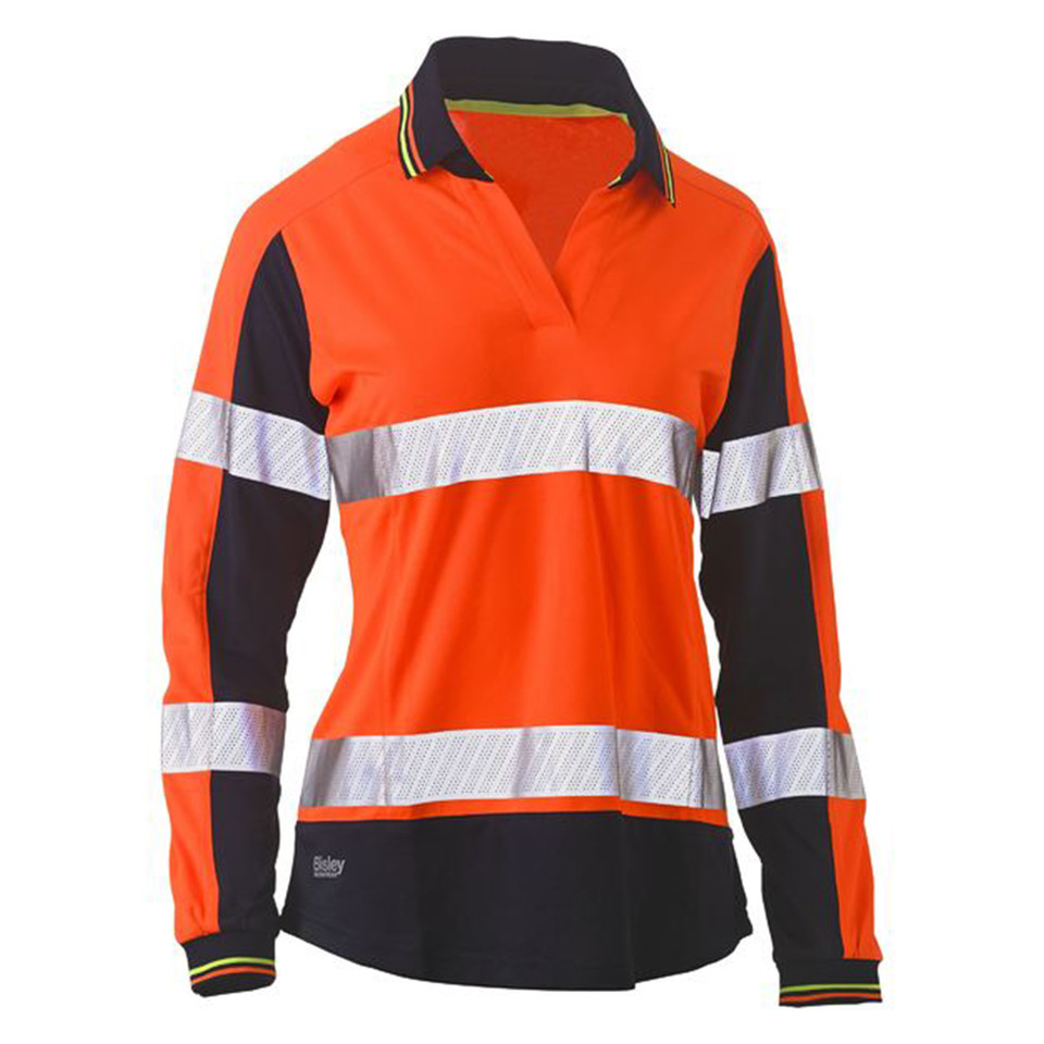 Women's hi-vis orange and navy long sleeve polo with reflective tape bands and open V-neck collar