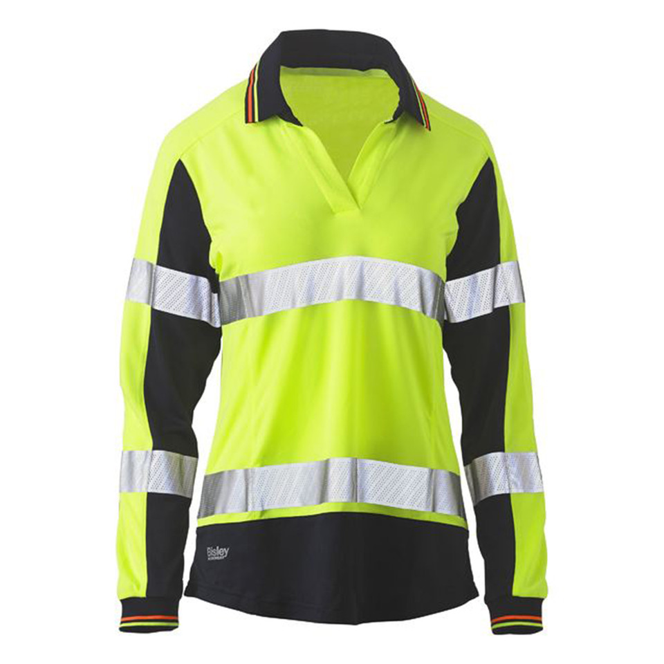 Hi-vis yellow polo shirt with charcoal contrast panels, reflective tape across chest and arms, button-free V-neck collar