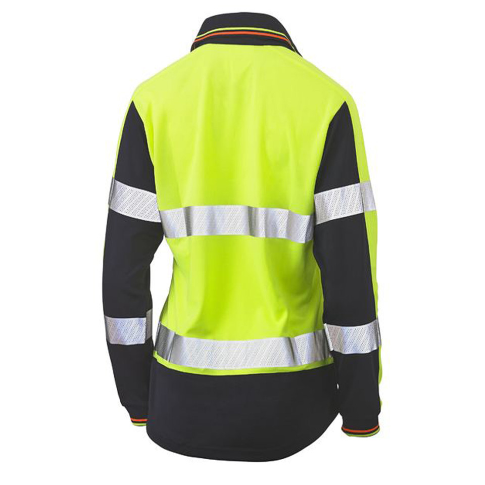 Hi-vis polo shirt with fluorescent yellow upper back panel, charcoal lower section, silver reflective tape, and contrast striped collar