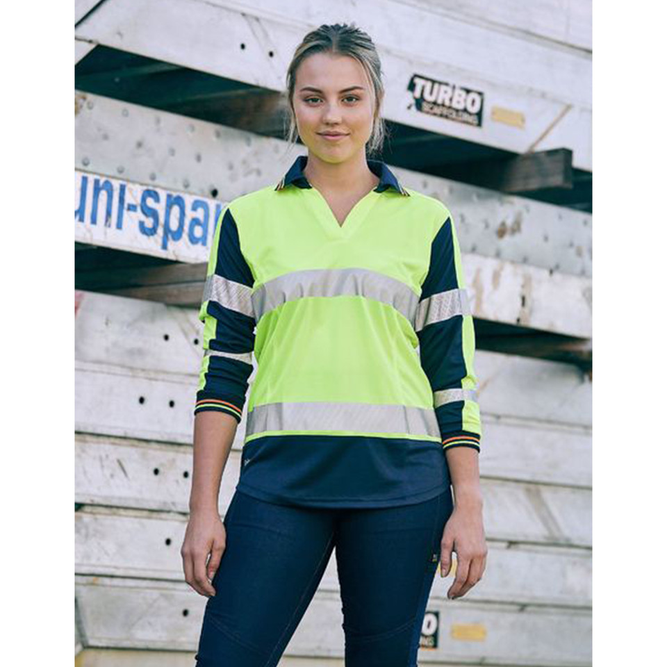 Hi-vis polo with navy collar and sleeves, lime yellow body, horizontal reflective tape, long sleeves with contrast detailing