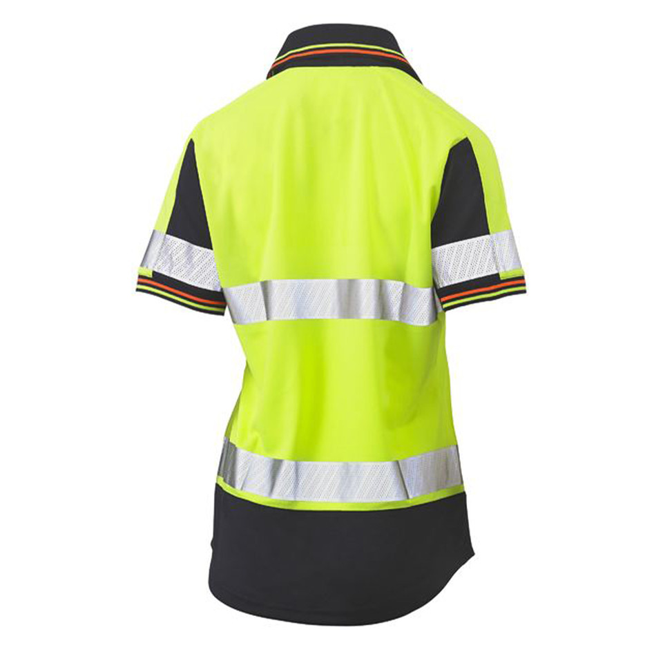 Hi-vis yellow polo shirt with reflective tape, black contrast panels, and striped collar trim shown from back