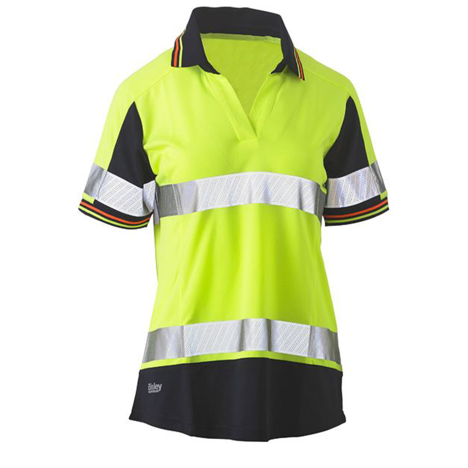 Women's hi vis polo in yellow-lime and navy with dual reflective tape bands, open V-neck, and contrast collar trim