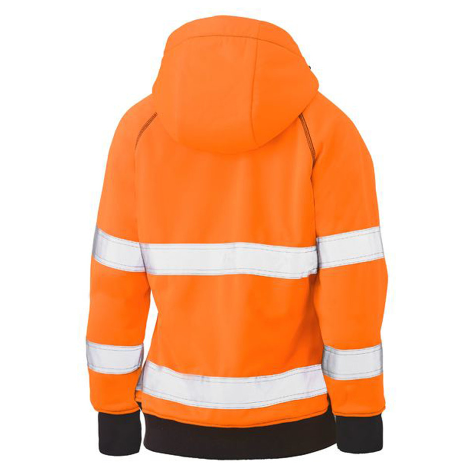 Back view of fluorescent orange hi vis hoodie with silver reflective tape on torso and sleeves, black trim at cuffs