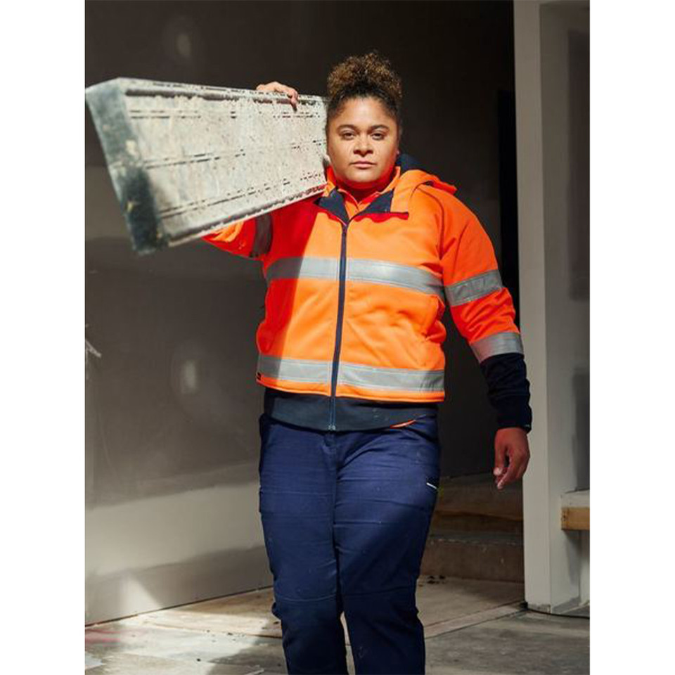 Orange and navy hi-vis fleece hoodie with reflective tape and red contrast panels on shoulders