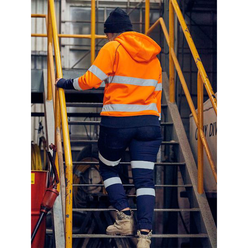 Chilli Bisley Women's Taped Hi Vis Fleece Zip Hoodie with Sherpa Lining, a warm, high-visibility jacket ideal for cold weather outdoor work.