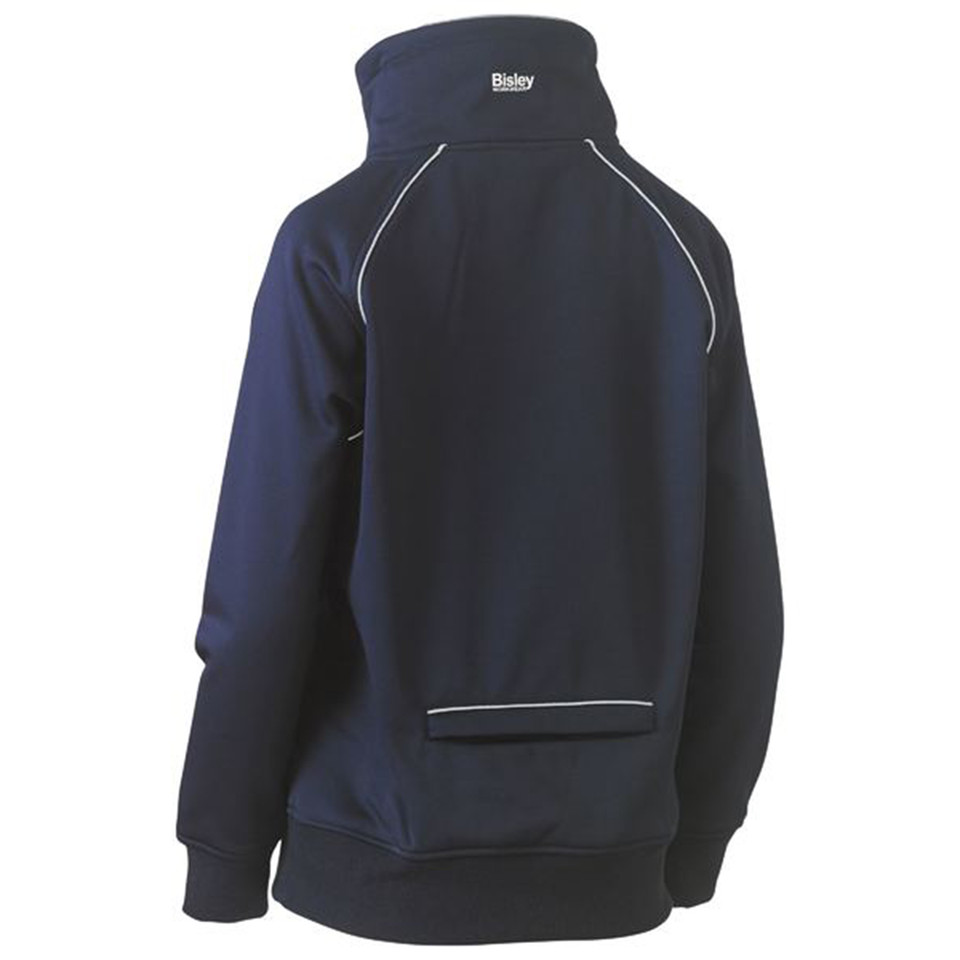 Navy women's fleece jumper rear view showing white piping seams, back pocket with reflective trim, and ribbed cuffs and hem