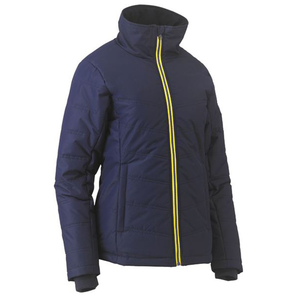 Navy blue women's puffer jacket with yellow contrast zip, high collar, quilted panels and side pockets
