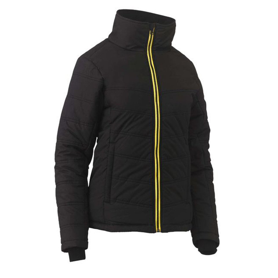 Black women's quilted puffer jacket with high collar and yellow contrast zip detail