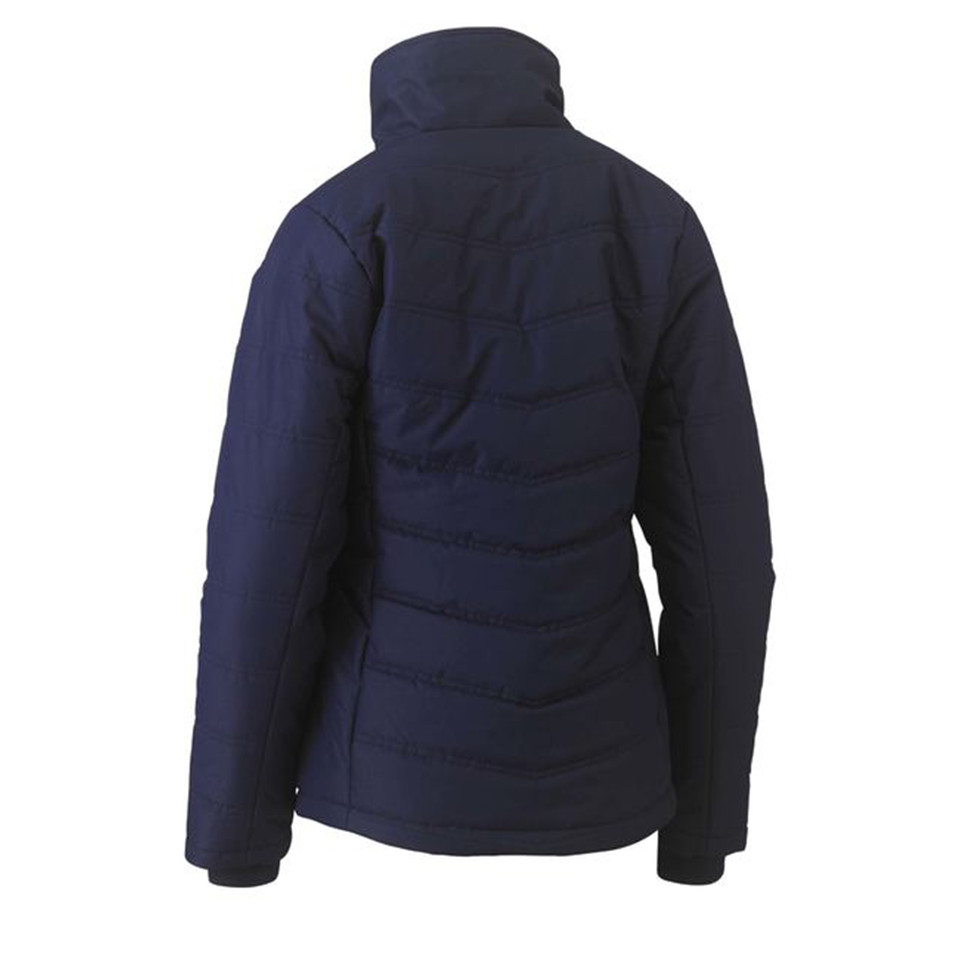 Navy blue women's puffer jacket with quilted panels and high collar shown from back
