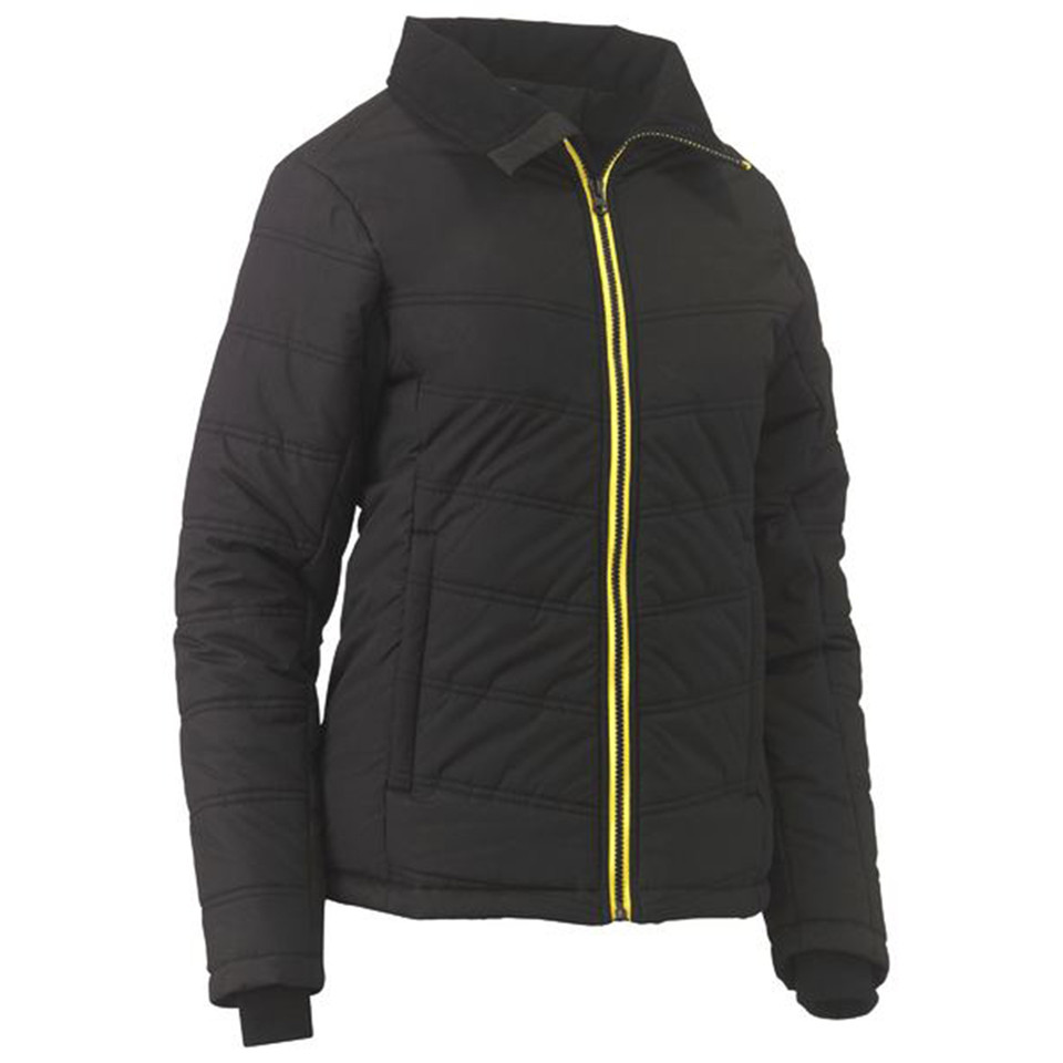 Black womens quilted puffer jacket with yellow contrast zip and ribbed cuffs, packshot view