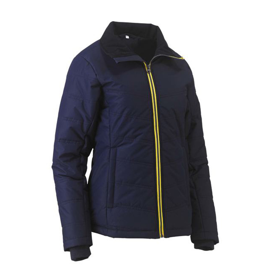 Navy women's quilted puffer jacket with black collar and contrast yellow zip tape