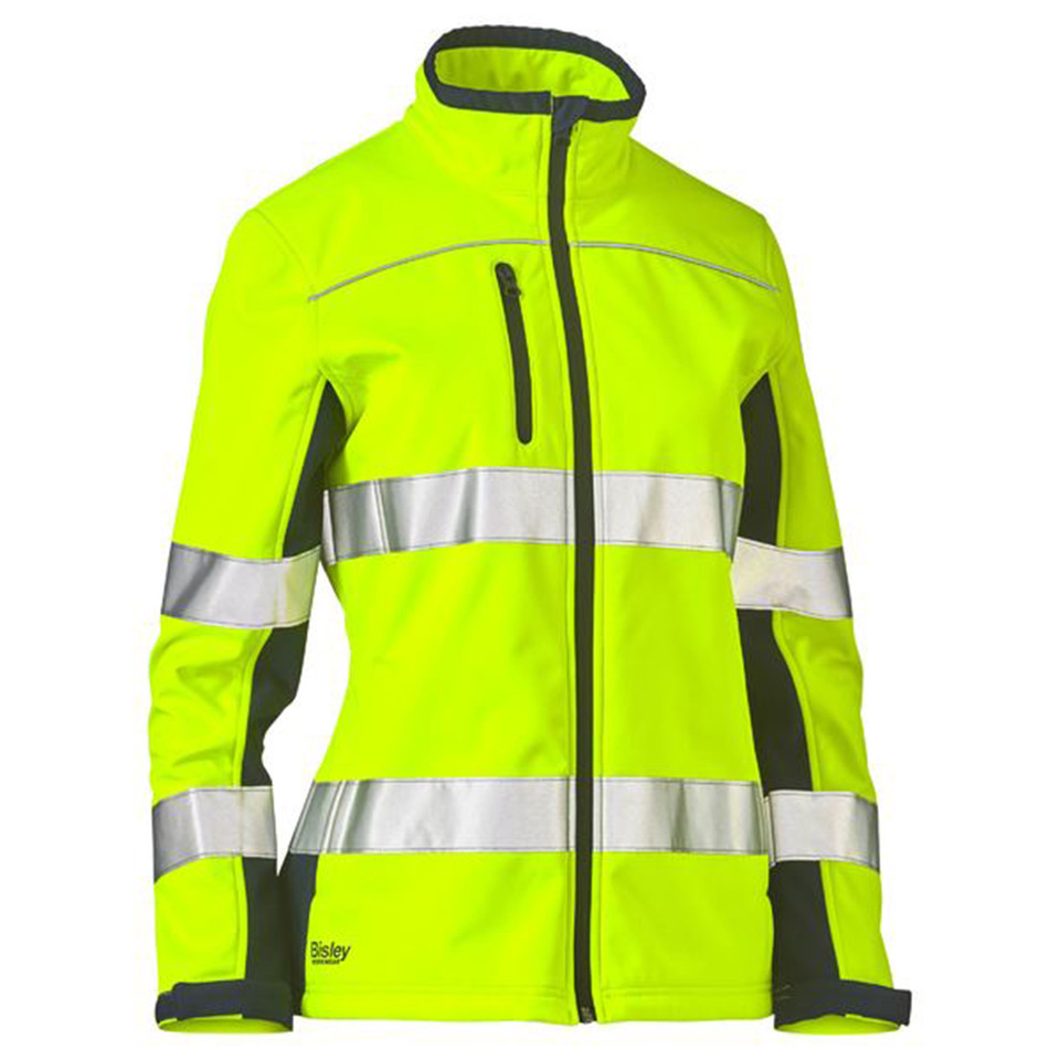 Women's hi-vis yellow and charcoal soft shell jacket with reflective tape bands and zip chest pocket