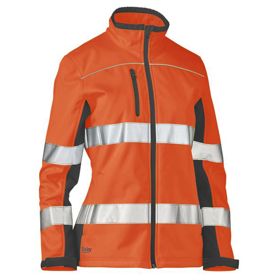 Women's hi vis orange and charcoal soft shell jacket with reflective tape bands and chest zip pocket