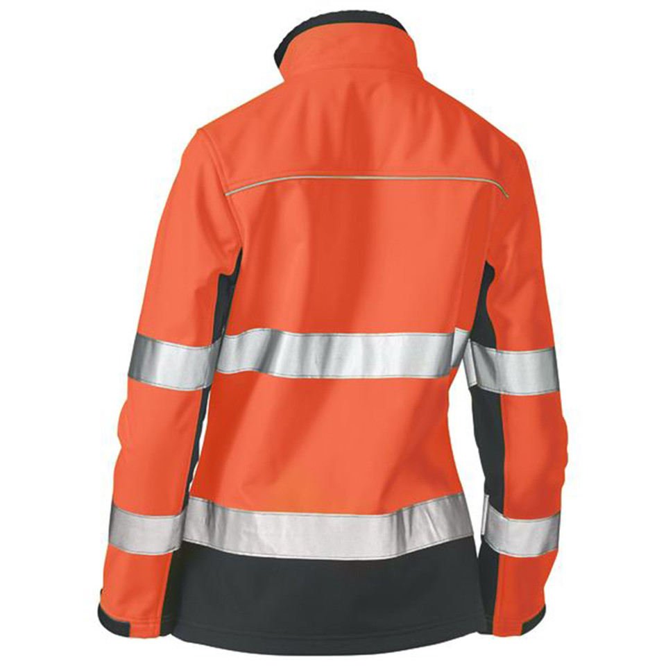 Back view of women's hi vis soft shell jacket in orange and charcoal with two silver reflective tape bands