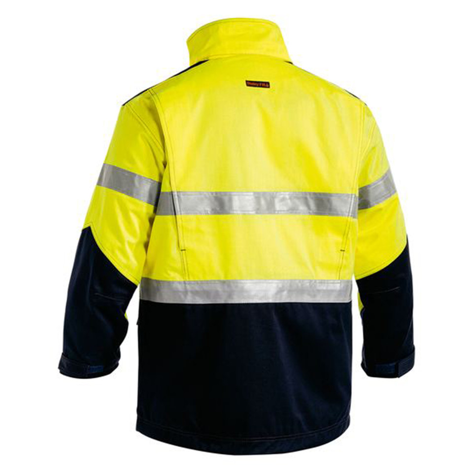 Back view of hi vis yellow and navy fire resistant work jacket with dual reflective tape bands