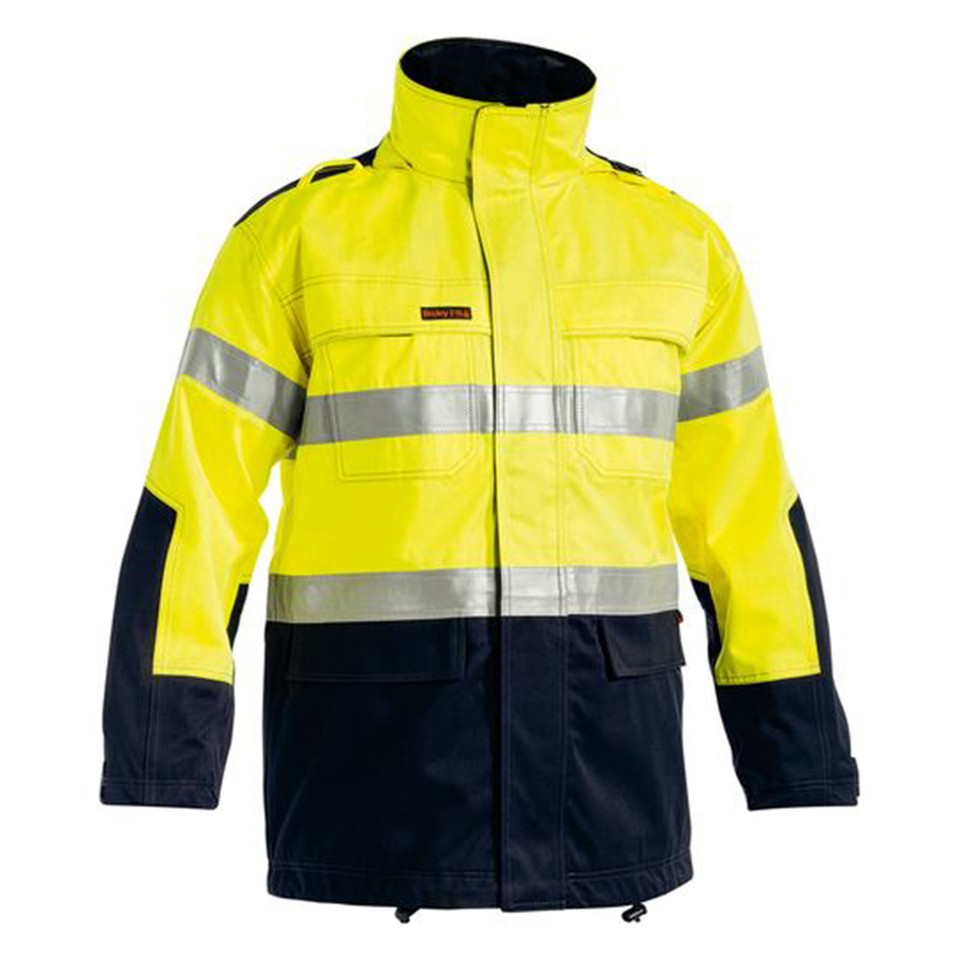 High visibility yellow and navy jacket with reflective tape and chest pockets