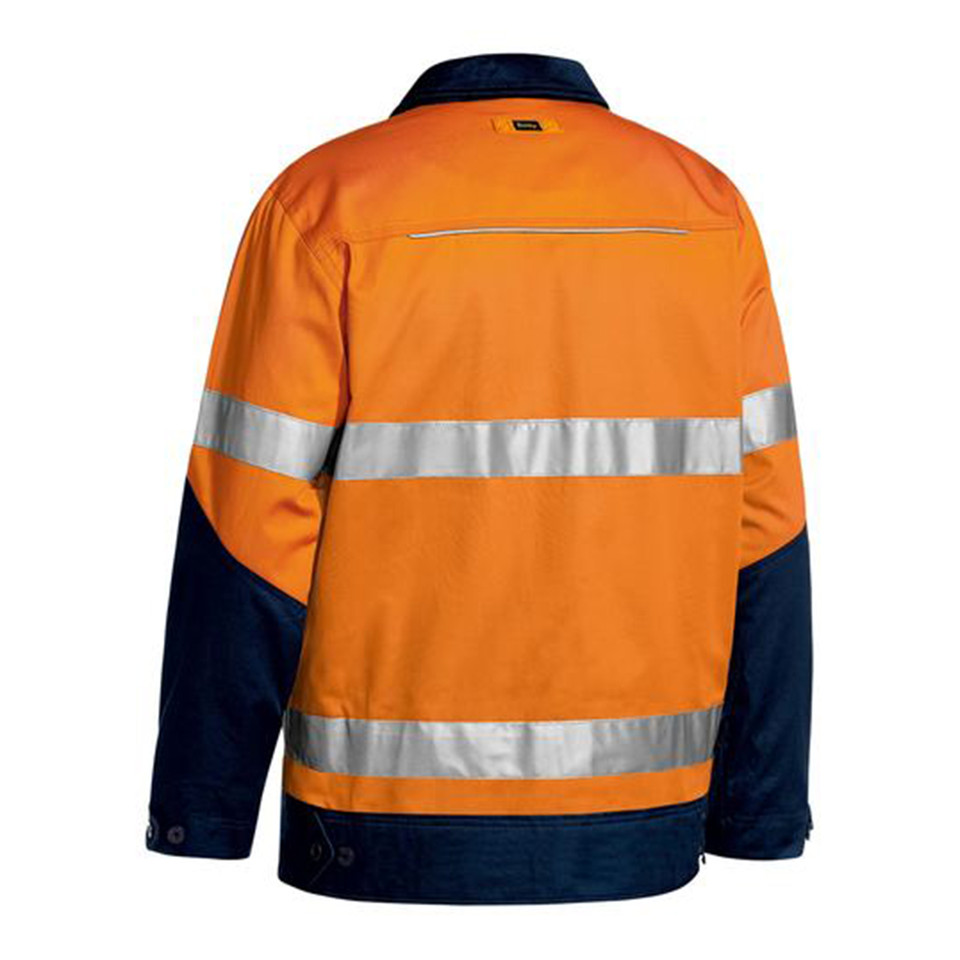 Back view of orange and navy hi vis drill jacket with twin silver reflective tape bands and navy lower panels