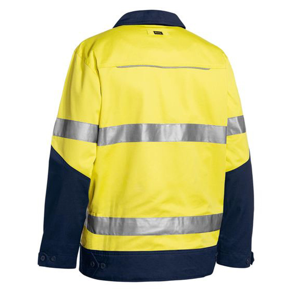Hi-vis yellow drill jacket with navy collar and sleeves, featuring reflective silver tape across back and torso