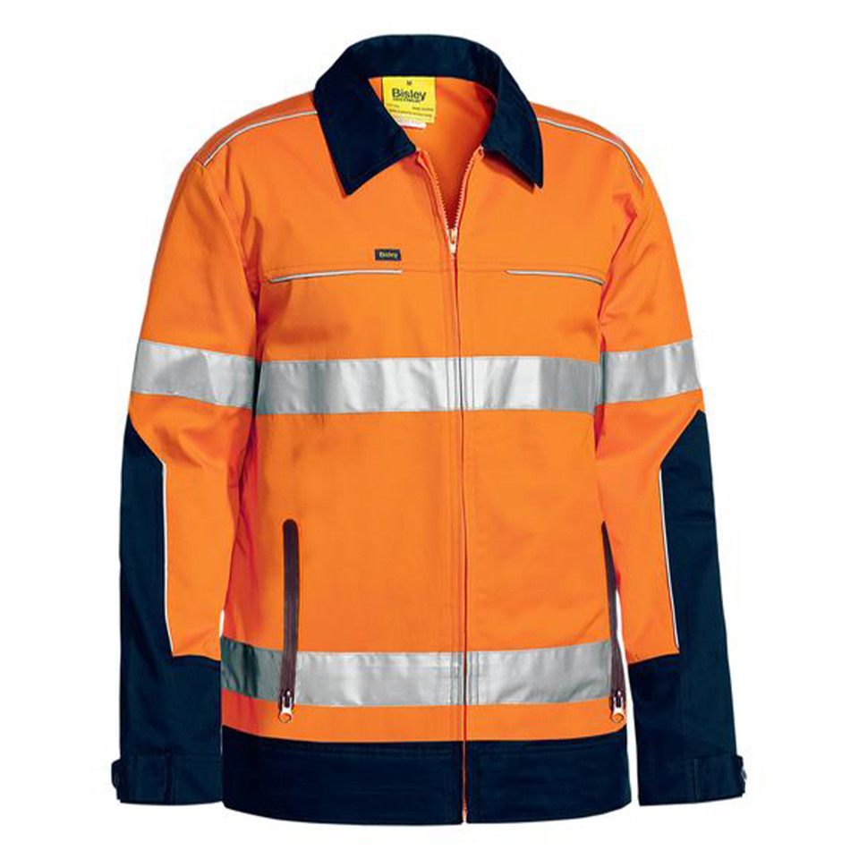 Orange and navy hi vis drill jacket with reflective tape bands, zip front, contrast collar and side pockets