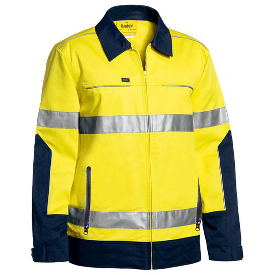 Yellow and navy hi vis drill jacket with reflective tape bands, zip front, chest pocket and zip side pockets