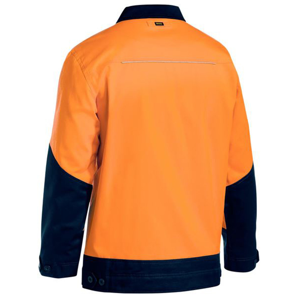 Hi-vis orange drill jacket with navy collar and lower sleeves, featuring back chest panel and liquid repellent finish