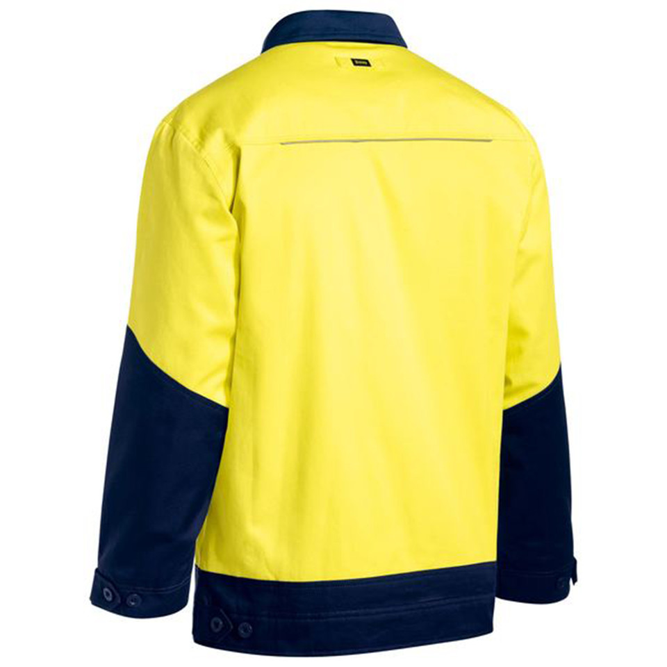 High visibility safety jacket in yellow with navy blue collar, sleeves and lower panel, back view showing ventilation slot