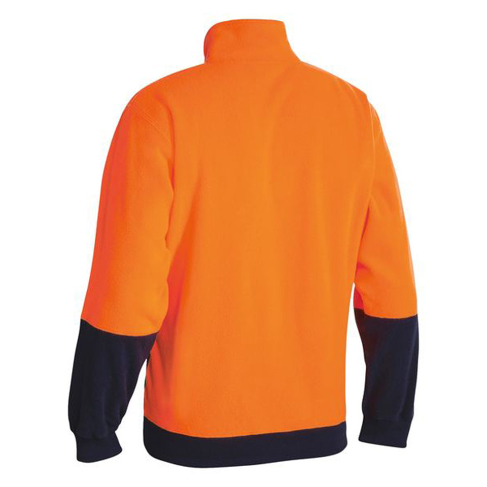 Back view of fluorescent orange polar fleece pullover with navy sleeves and hem, featuring high collar and half zip