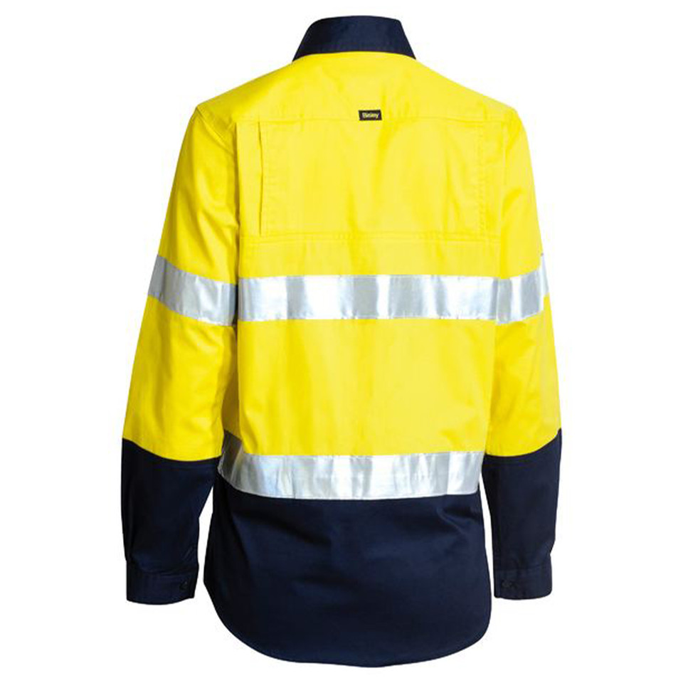 Yellow and navy hi-vis work shirt with silver reflective tape stripes across chest and back, rear view