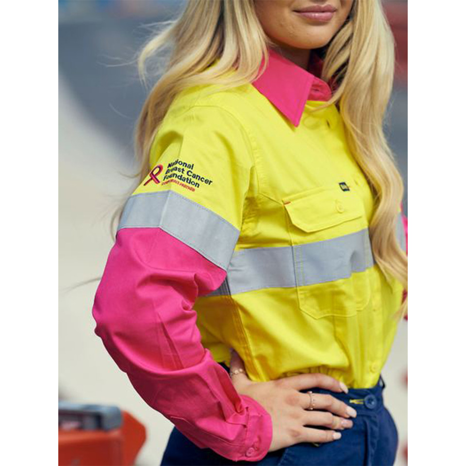 Hi-vis workshirt in yellow with fuchsia pink collar and sleeves, featuring silver reflective tape and chest pocket