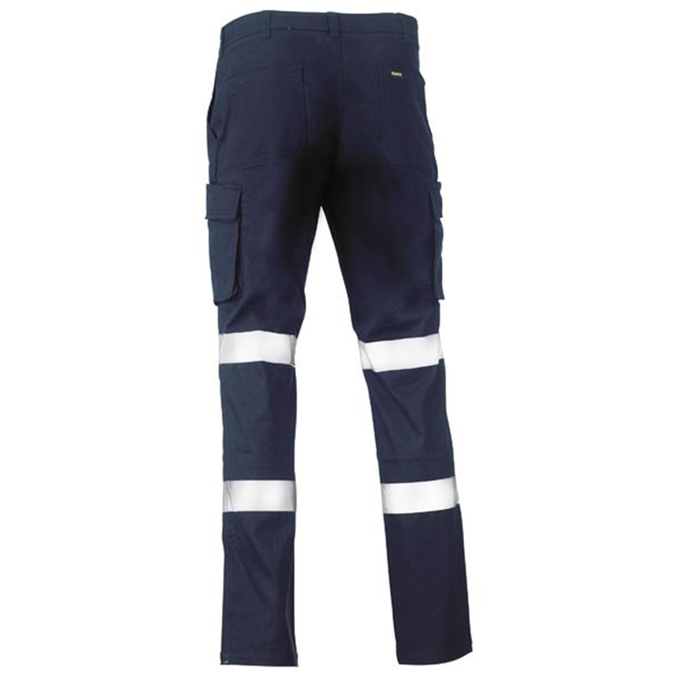 Navy cargo pants with silver reflective tape at knees and calves, rear view showing cargo pockets